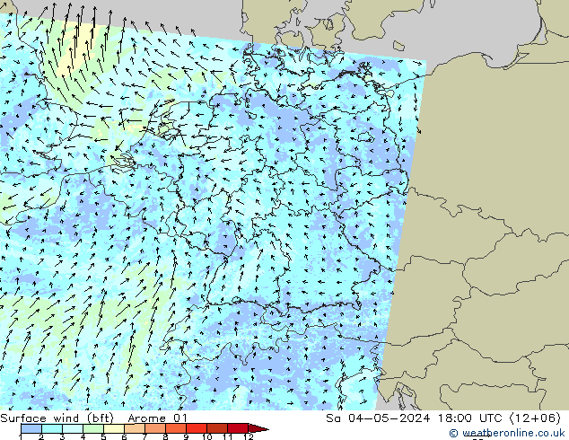 Bodenwind (bft) Arome 01 Sa 04.05.2024 18 UTC