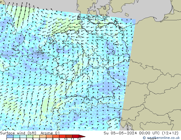 Wind 10 m (bft) Arome 01 zo 05.05.2024 00 UTC