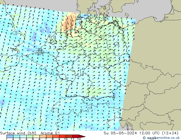 Wind 10 m (bft) Arome 01 zo 05.05.2024 12 UTC