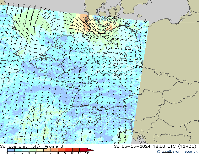 Rüzgar 10 m (bft) Arome 01 Paz 05.05.2024 18 UTC
