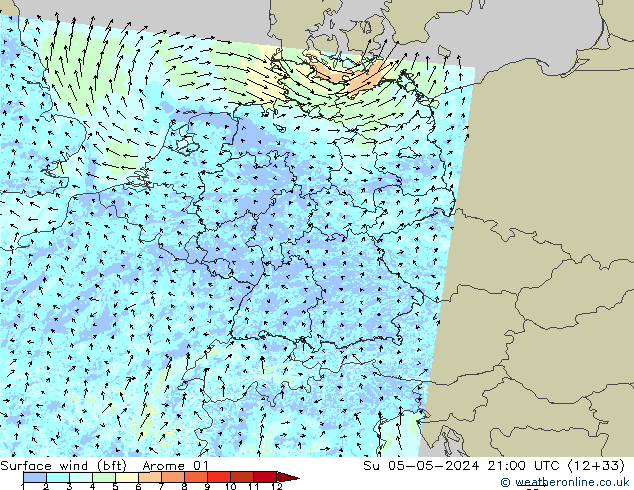 Rüzgar 10 m (bft) Arome 01 Paz 05.05.2024 21 UTC