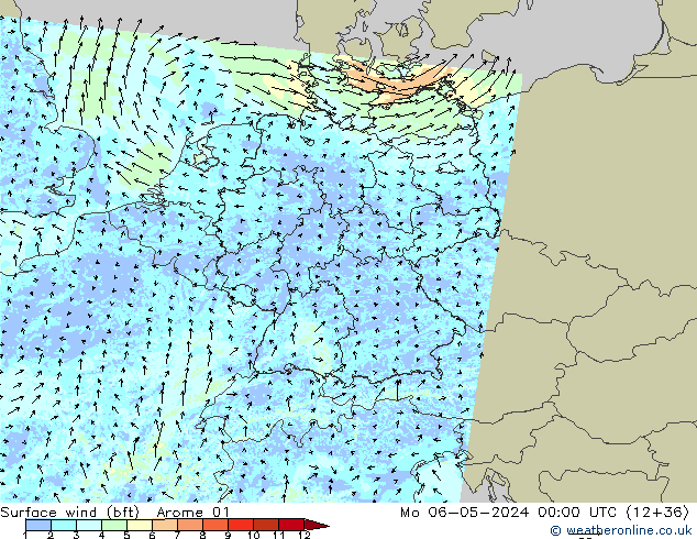 wiatr 10 m (bft) Arome 01 pon. 06.05.2024 00 UTC