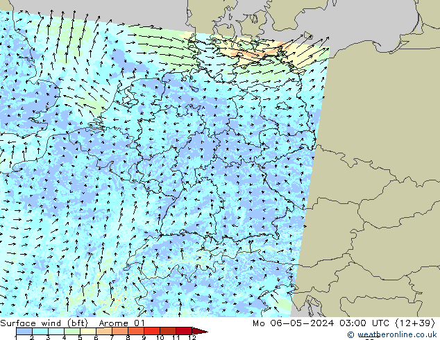 Surface wind (bft) Arome 01 Mo 06.05.2024 03 UTC