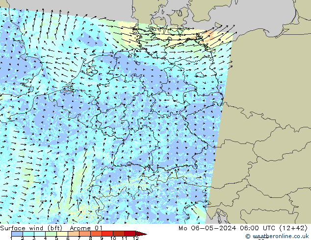 wiatr 10 m (bft) Arome 01 pon. 06.05.2024 06 UTC