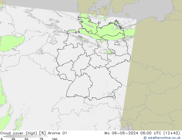 Cloud cover (high) Arome 01 Mo 06.05.2024 06 UTC