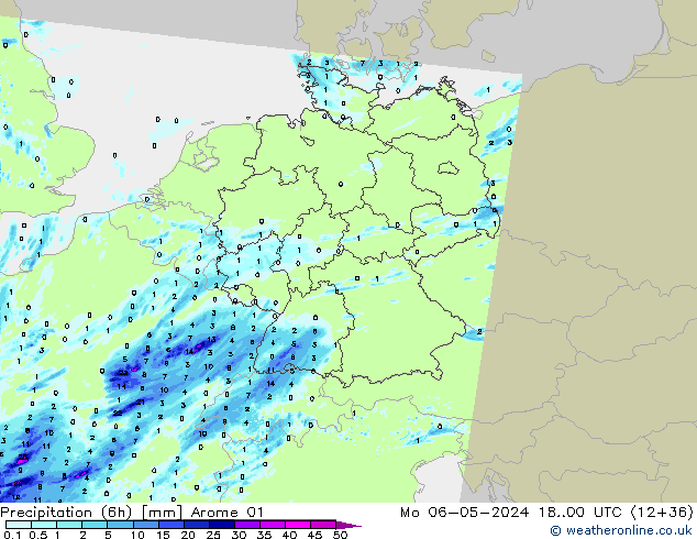 Totale neerslag (6h) Arome 01 ma 06.05.2024 00 UTC
