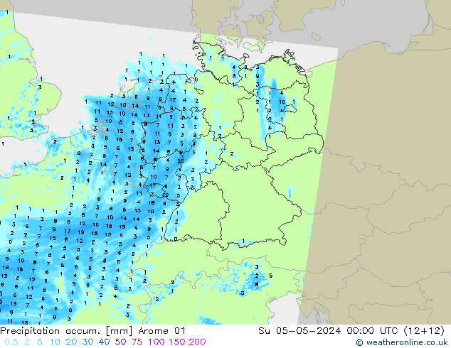 Nied. akkumuliert Arome 01 So 05.05.2024 00 UTC