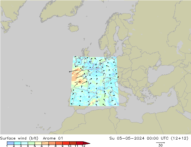 Viento 10 m (bft) Arome 01 dom 05.05.2024 00 UTC