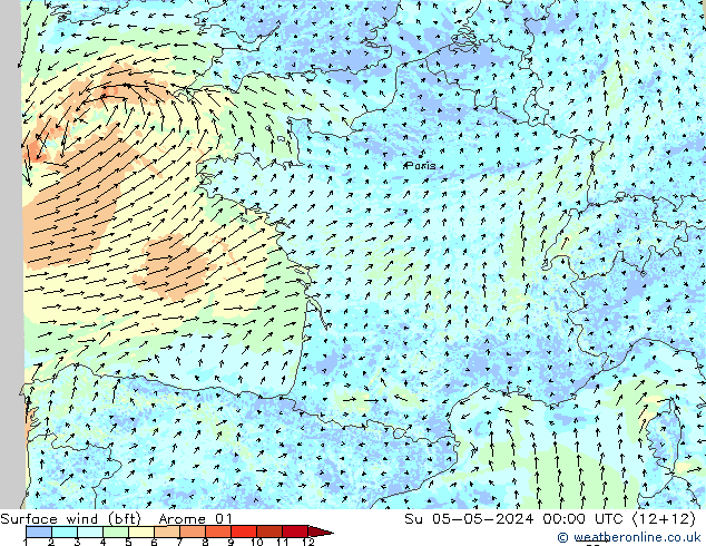 Surface wind (bft) Arome 01 Su 05.05.2024 00 UTC