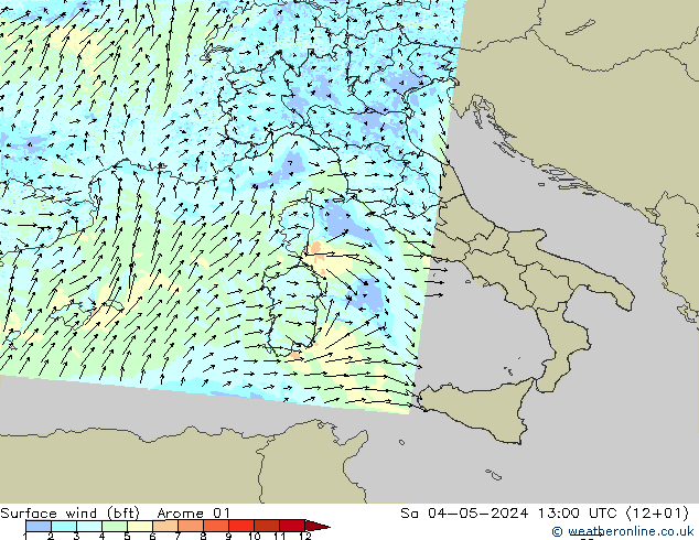 Vento 10 m (bft) Arome 01 sab 04.05.2024 13 UTC