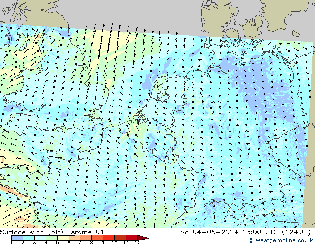 Surface wind (bft) Arome 01 Sa 04.05.2024 13 UTC
