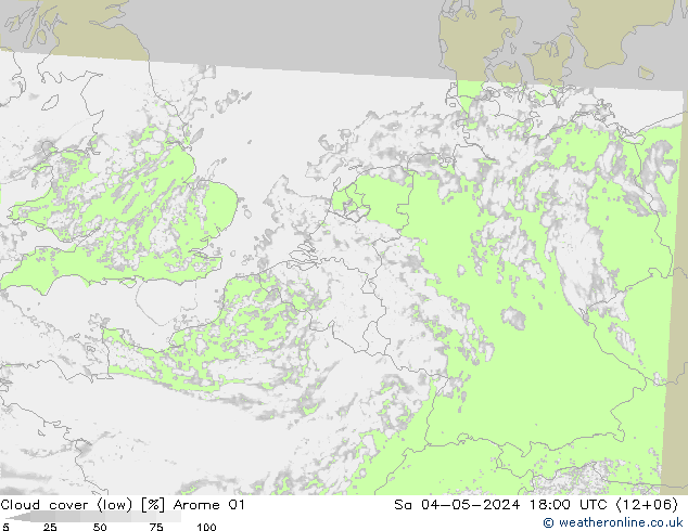 Bewolking (Laag) Arome 01 za 04.05.2024 18 UTC