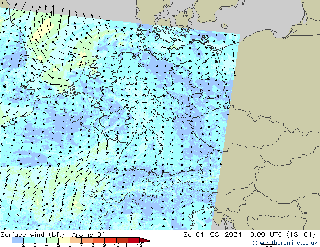 wiatr 10 m (bft) Arome 01 so. 04.05.2024 19 UTC