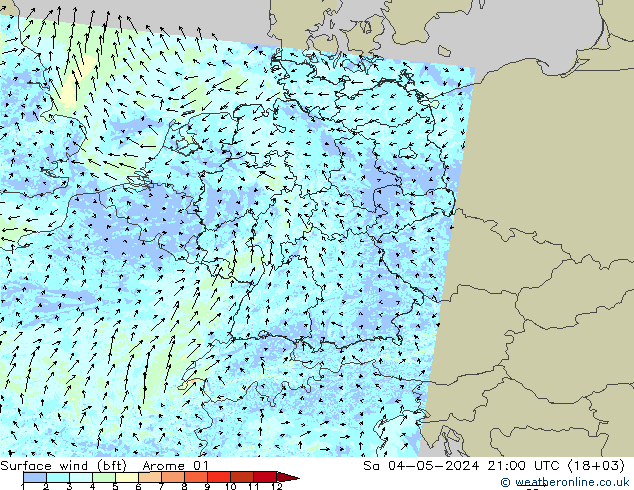 Wind 10 m (bft) Arome 01 za 04.05.2024 21 UTC
