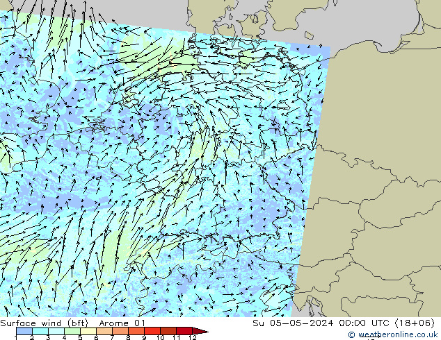 wiatr 10 m (bft) Arome 01 nie. 05.05.2024 00 UTC