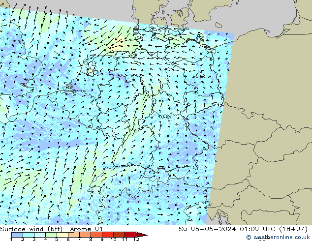 Surface wind (bft) Arome 01 Ne 05.05.2024 01 UTC