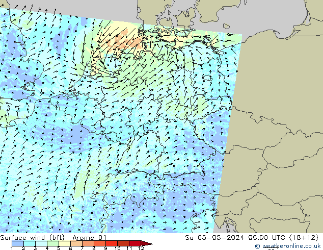 Surface wind (bft) Arome 01 Su 05.05.2024 06 UTC