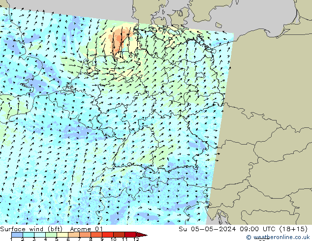 Rüzgar 10 m (bft) Arome 01 Paz 05.05.2024 09 UTC