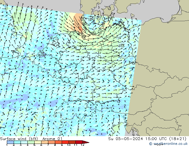 Vent 10 m (bft) Arome 01 dim 05.05.2024 15 UTC