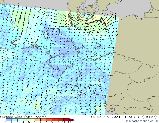 Vento 10 m (bft) Arome 01 dom 05.05.2024 21 UTC