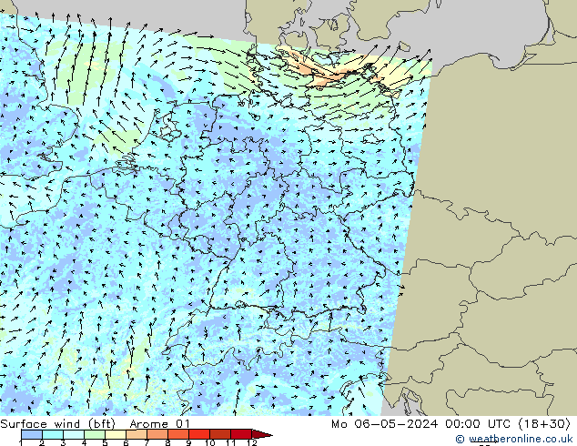 Rüzgar 10 m (bft) Arome 01 Pzt 06.05.2024 00 UTC