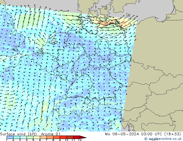 wiatr 10 m (bft) Arome 01 pon. 06.05.2024 03 UTC