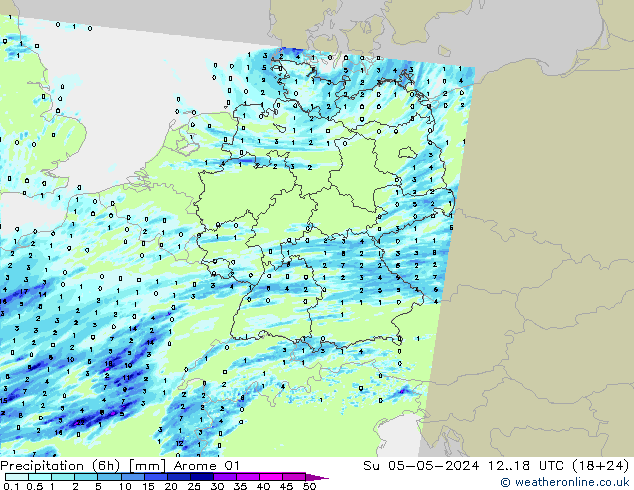 Precipitation (6h) Arome 01 Su 05.05.2024 18 UTC