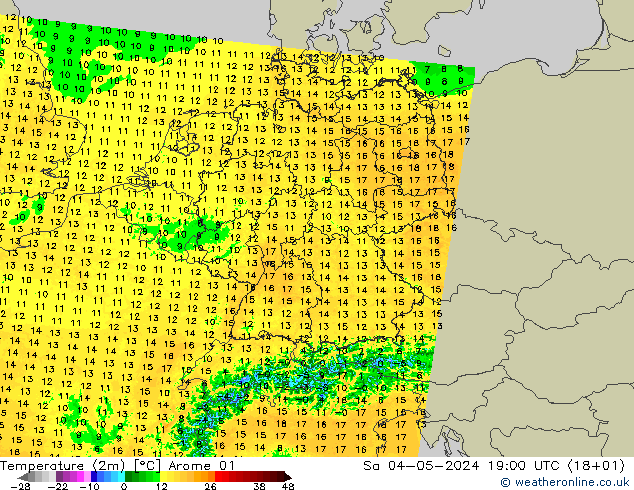 Temperaturkarte (2m) Arome 01 Sa 04.05.2024 19 UTC