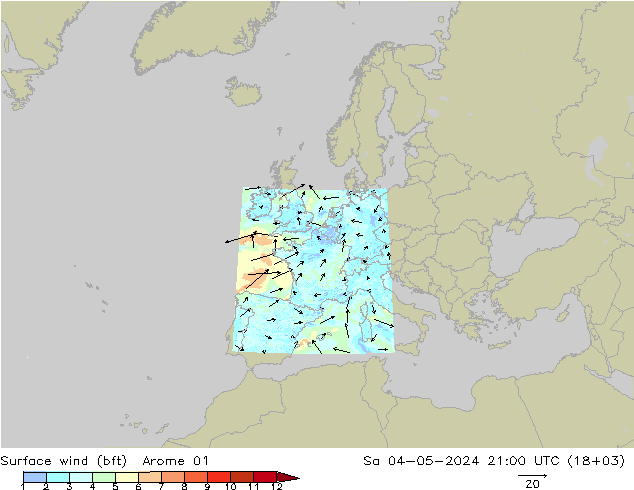 Bodenwind (bft) Arome 01 Sa 04.05.2024 21 UTC