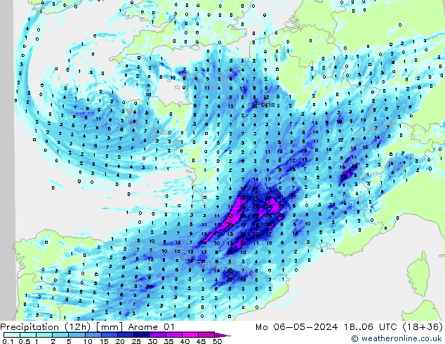 Precipitation (12h) Arome 01 Mo 06.05.2024 06 UTC