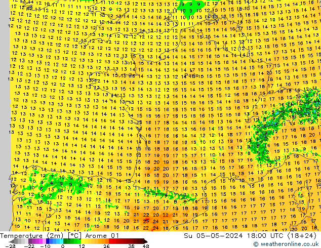 Sıcaklık Haritası (2m) Arome 01 Paz 05.05.2024 18 UTC