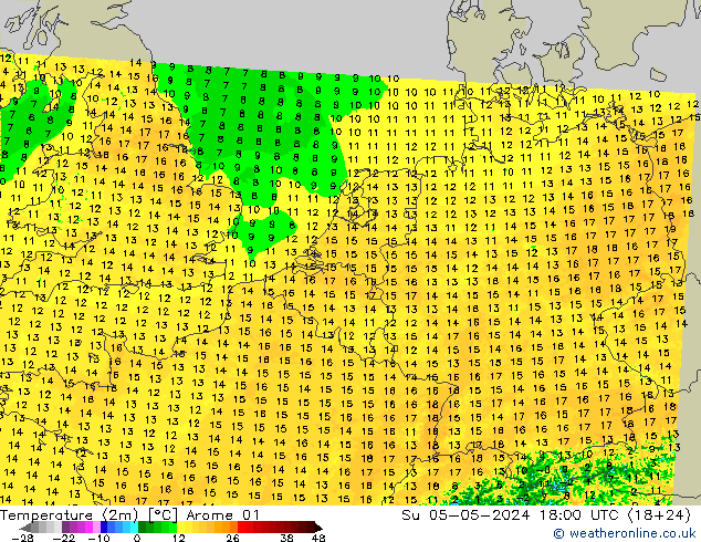 Temperatuurkaart (2m) Arome 01 zo 05.05.2024 18 UTC
