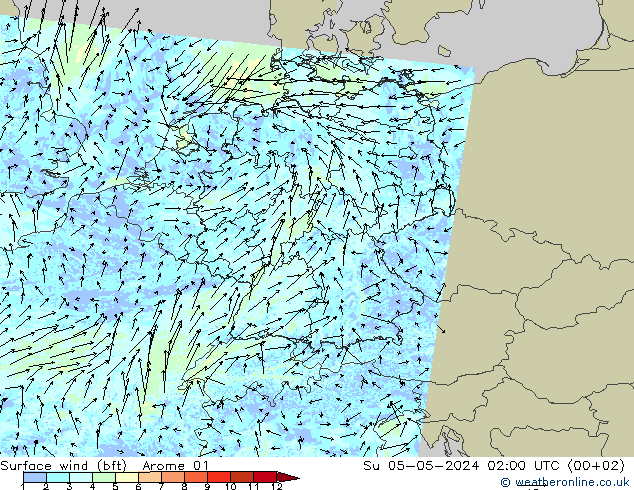 Surface wind (bft) Arome 01 Su 05.05.2024 02 UTC