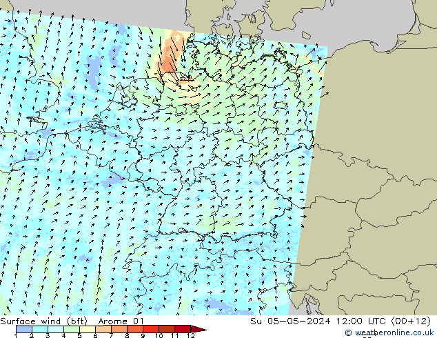 Surface wind (bft) Arome 01 Ne 05.05.2024 12 UTC