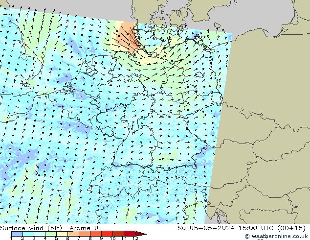 Viento 10 m (bft) Arome 01 dom 05.05.2024 15 UTC