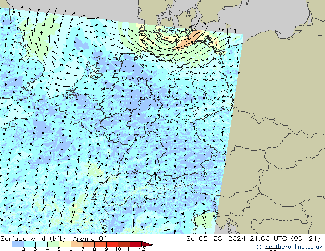  10 m (bft) Arome 01  05.05.2024 21 UTC