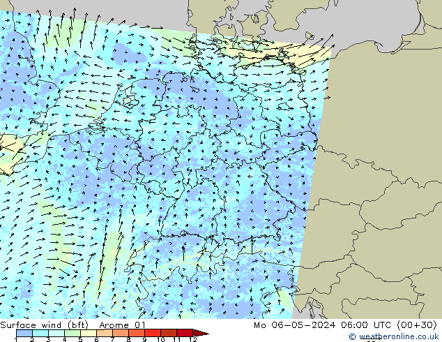 Surface wind (bft) Arome 01 Mo 06.05.2024 06 UTC