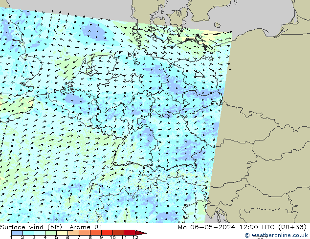 Surface wind (bft) Arome 01 Po 06.05.2024 12 UTC