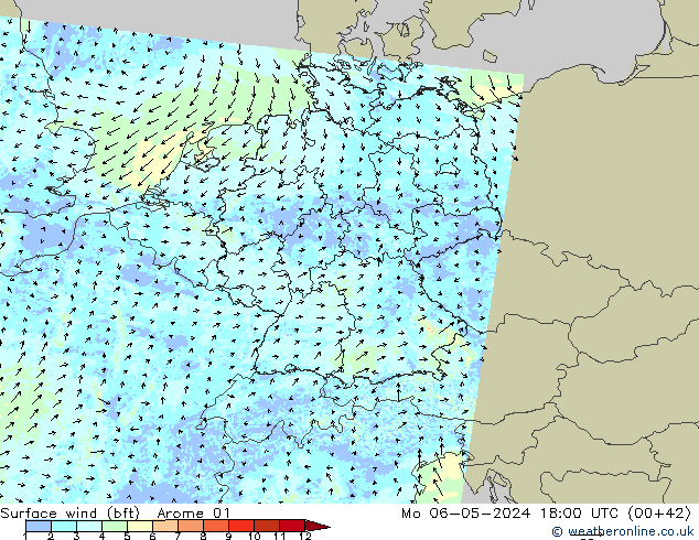 Surface wind (bft) Arome 01 Po 06.05.2024 18 UTC