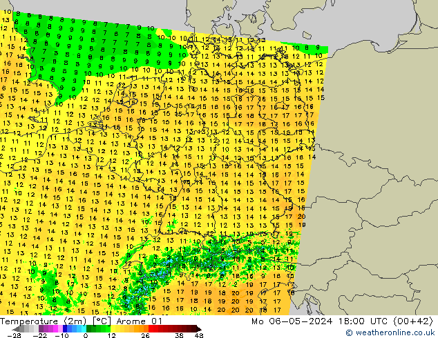 Temperatuurkaart (2m) Arome 01 ma 06.05.2024 18 UTC