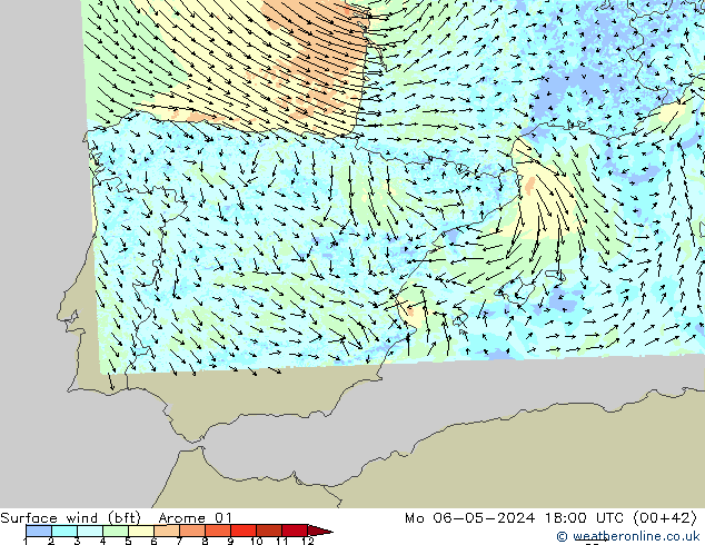 Wind 10 m (bft) Arome 01 ma 06.05.2024 18 UTC