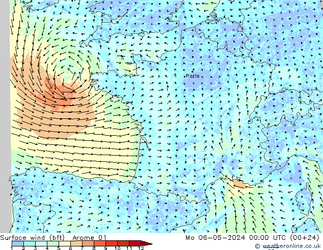 Wind 10 m (bft) Arome 01 ma 06.05.2024 00 UTC