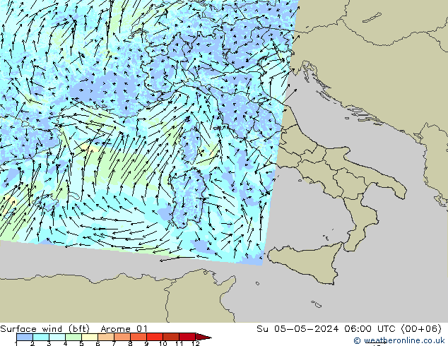 Vento 10 m (bft) Arome 01 dom 05.05.2024 06 UTC