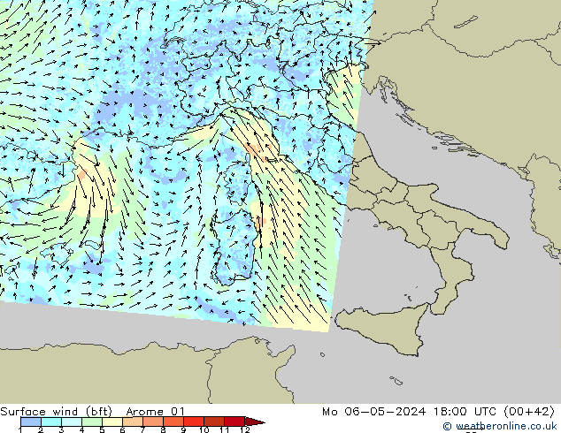 Wind 10 m (bft) Arome 01 ma 06.05.2024 18 UTC