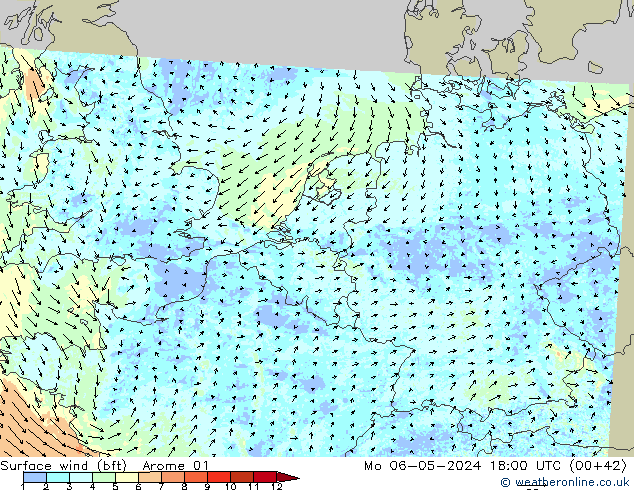 Wind 10 m (bft) Arome 01 ma 06.05.2024 18 UTC