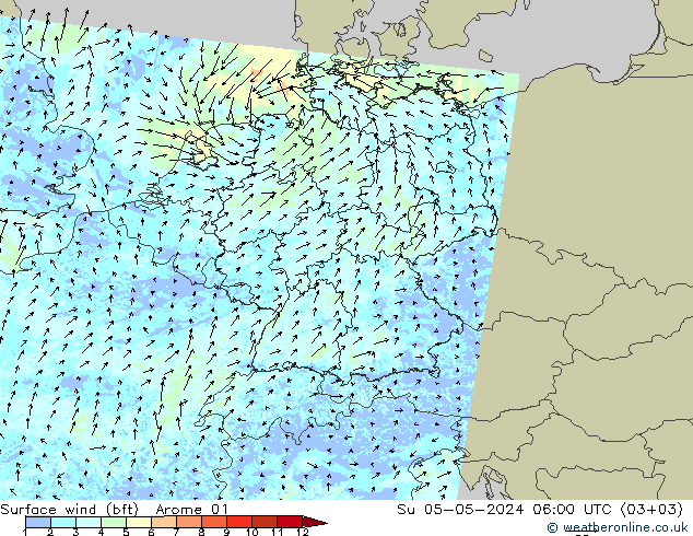 Wind 10 m (bft) Arome 01 zo 05.05.2024 06 UTC