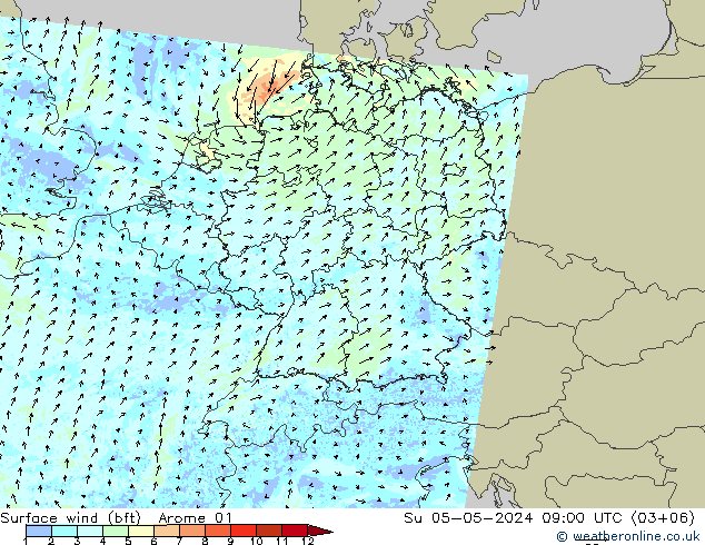 wiatr 10 m (bft) Arome 01 nie. 05.05.2024 09 UTC