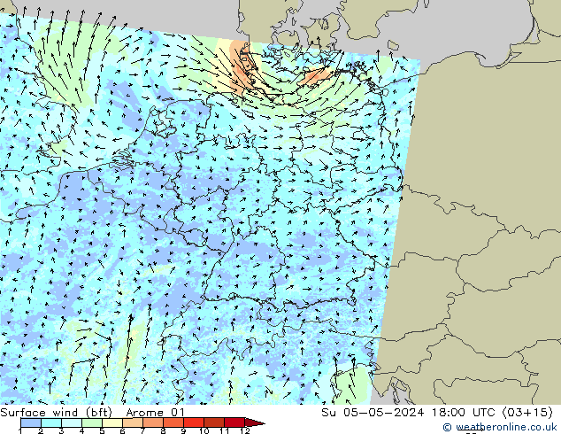 Wind 10 m (bft) Arome 01 zo 05.05.2024 18 UTC