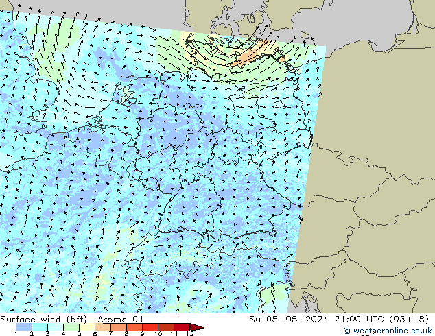 Viento 10 m (bft) Arome 01 dom 05.05.2024 21 UTC