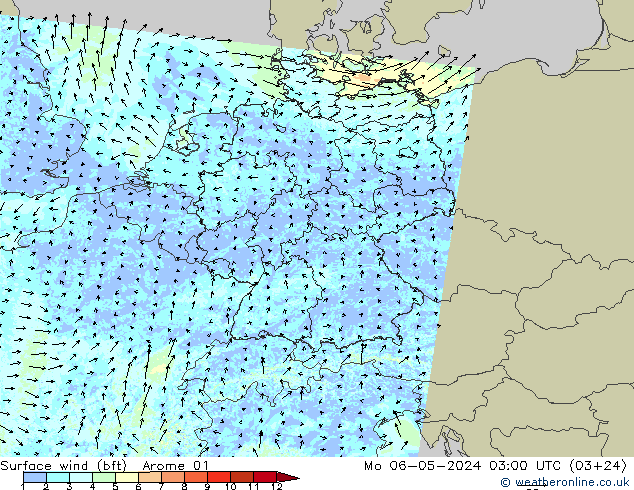 Wind 10 m (bft) Arome 01 ma 06.05.2024 03 UTC